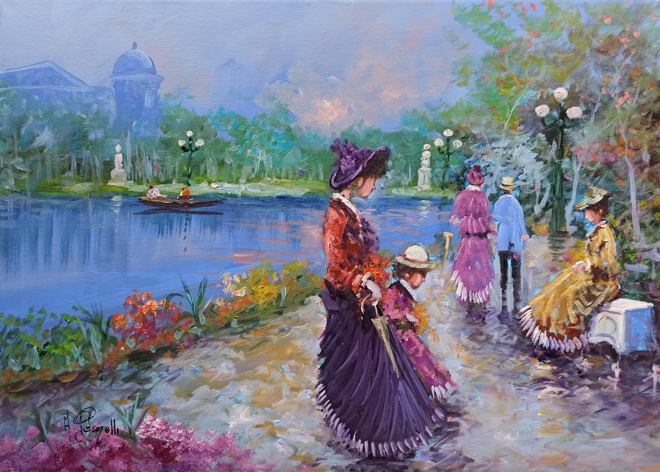 Antonio Pecorelli, Walking in the park - France Belle Epoque painting Antonio Pecorelli, Walking in the park - France Belle Epoque painting