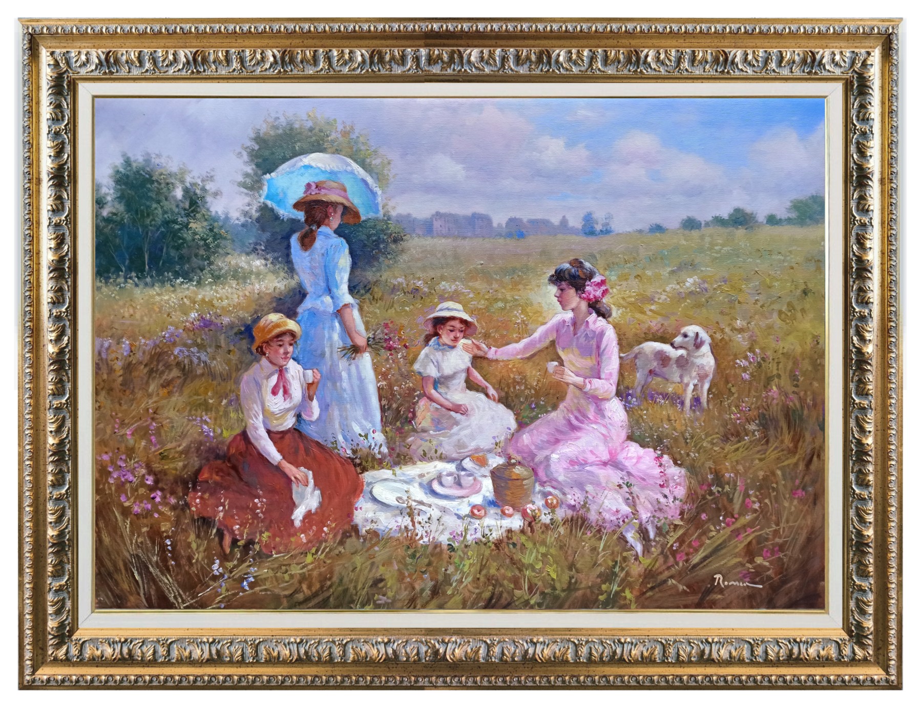Domenico Ronca, Picnic for women only - Italian painting & frame Domenico Ronca, Picnic for women only - Italian painting & frame