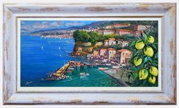 Gemälde, Blue sea and lemons - panoramic version Sorrento painting & frame, Vincenzo Somma