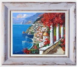 Gemälde, The town in bloom - Positano Italy painting & frame, Vincenzo Somma