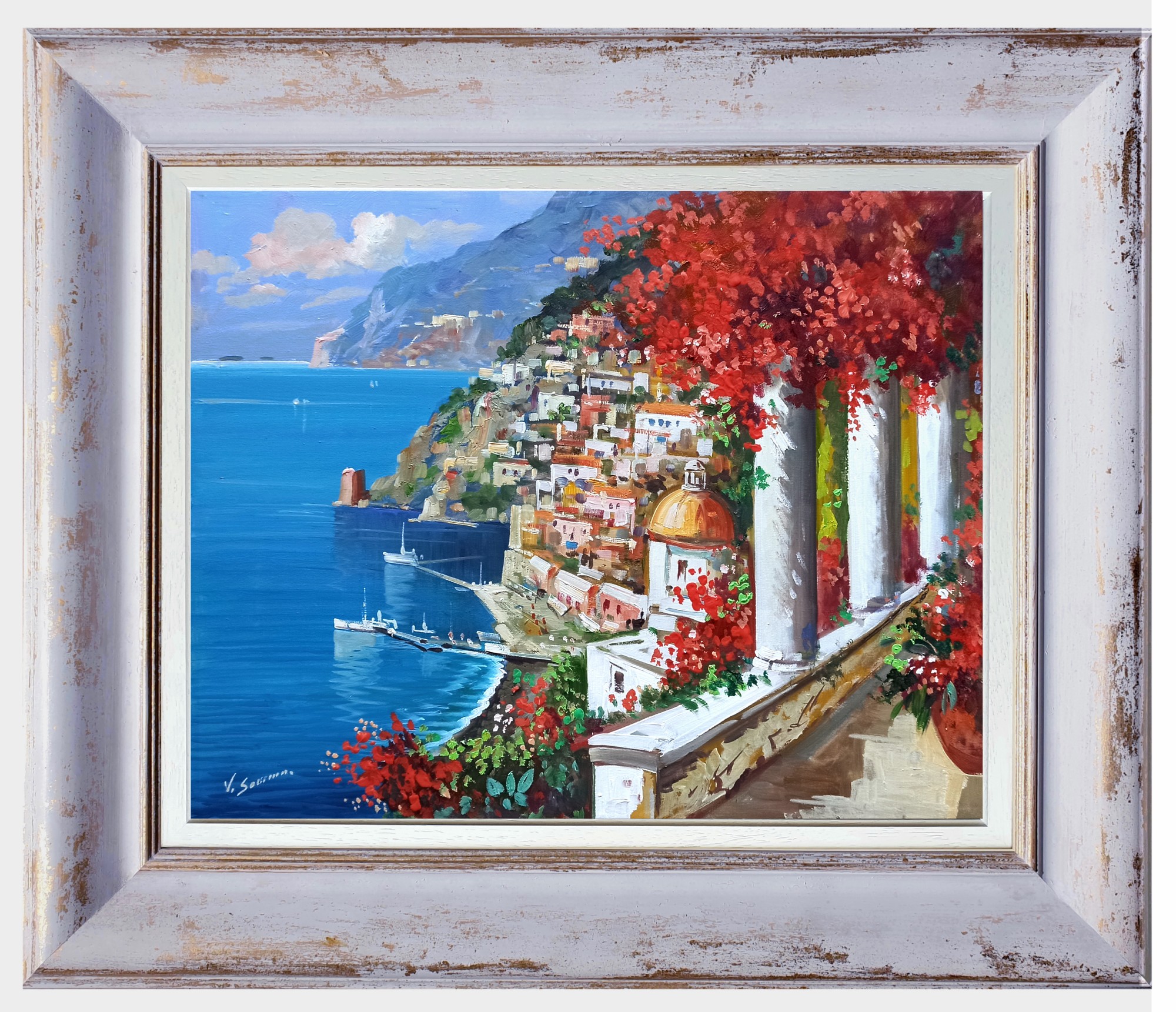 Vincenzo Somma, The town in bloom - Positano Italy painting & frame Vincenzo Somma, The town in bloom - Positano Italy painting & frame