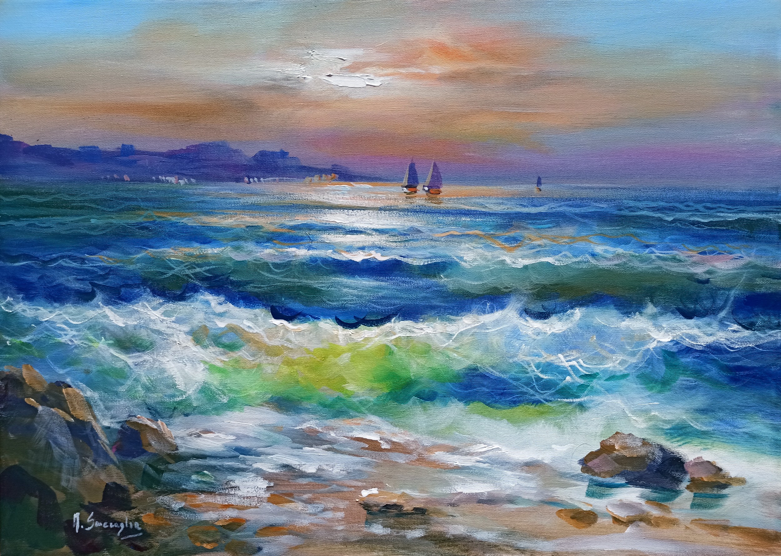 Mario Smeraglia, Swell at sunset - Italian sea painting Mario Smeraglia, Swell at sunset - Italian sea painting