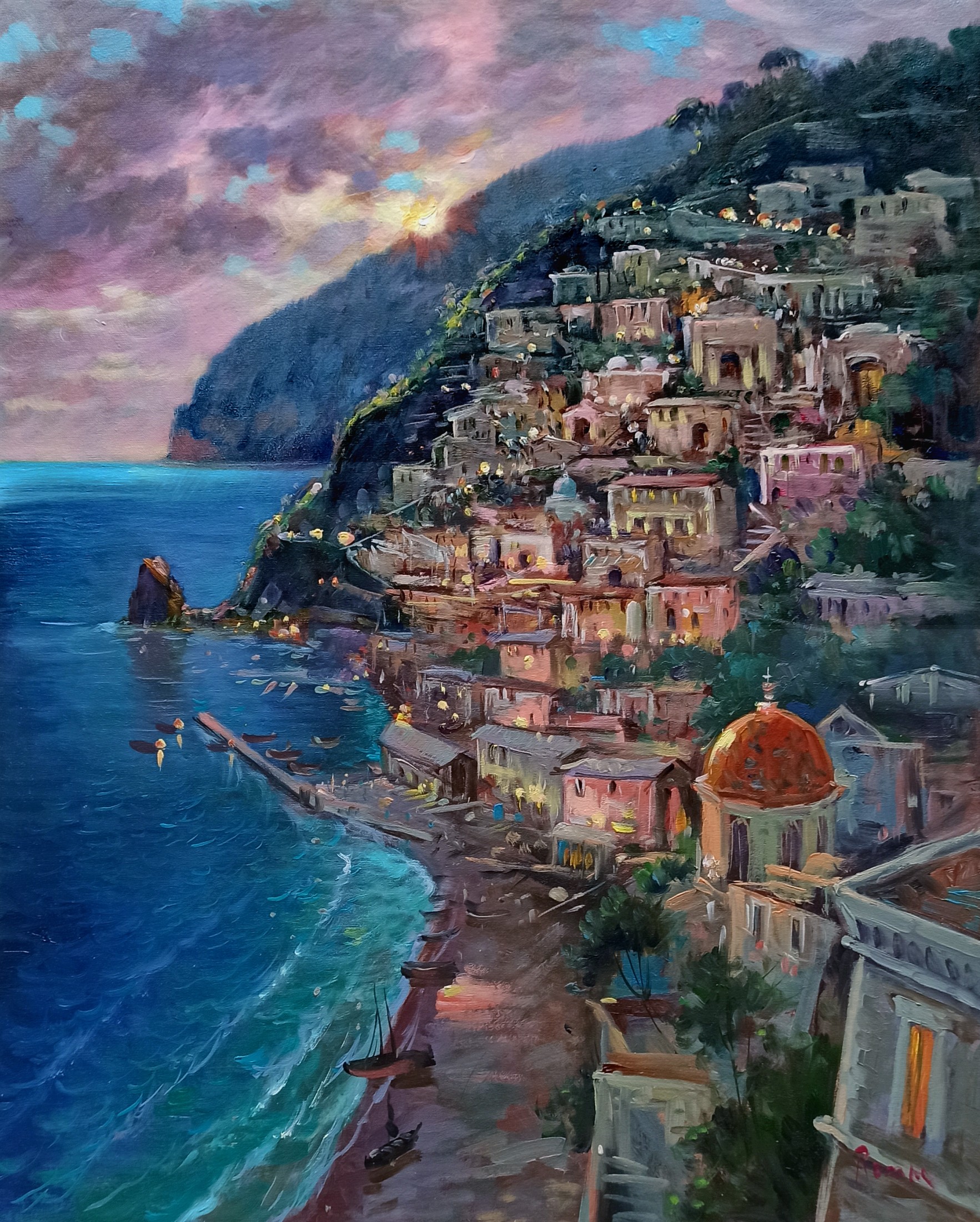 Domenico Ronca, Sunset on the coast - Positano painting Domenico Ronca, Sunset on the coast - Positano painting