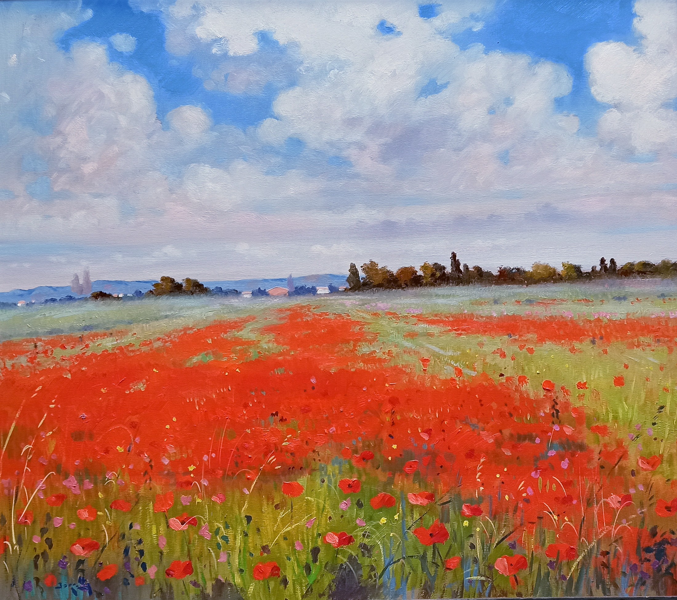 Andrea Borella, Countryside in may poppies field - Tuscany landscape painting Andrea Borella, Countryside in may poppies field - Tuscany landscape painting