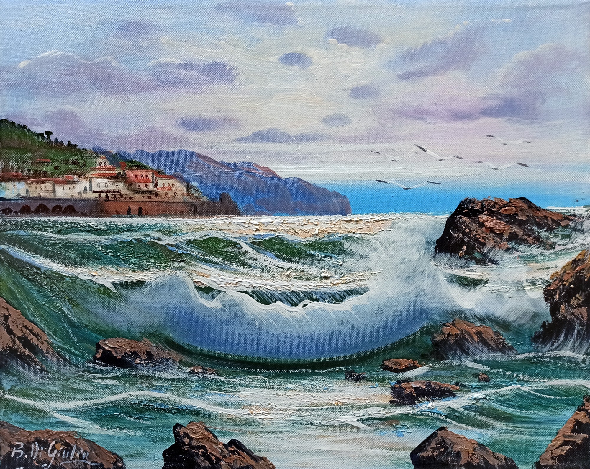 Bruno Di Giulio, Sea storm in Amalfi - Italian painting Bruno Di Giulio, Sea storm in Amalfi - Italian painting
