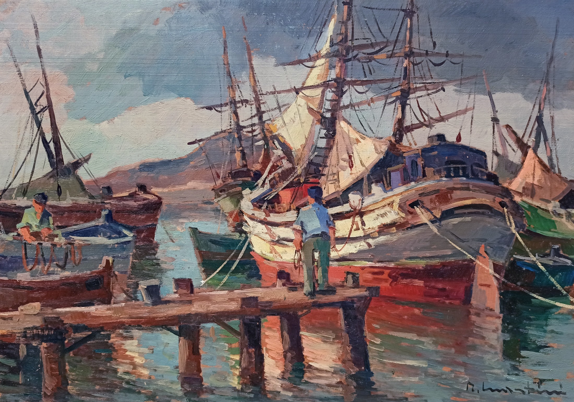 Renzo Martini, Marina with boats - Italian old painting Renzo Martini, Marina with boats - Italian old painting