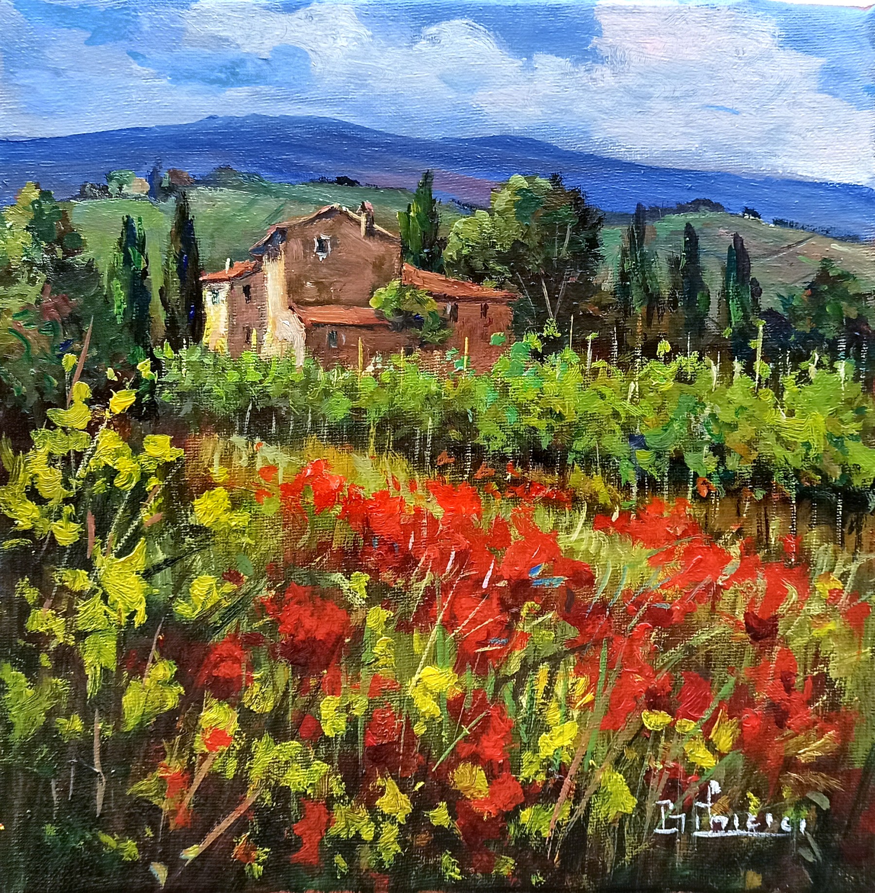 A gouche painting of a tuscany farmhouse in the evening on Craiyon