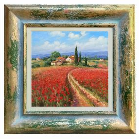 Gemälde, Path amomg the poppies - Tuscany landscape painting & frame, Domenico Ronca