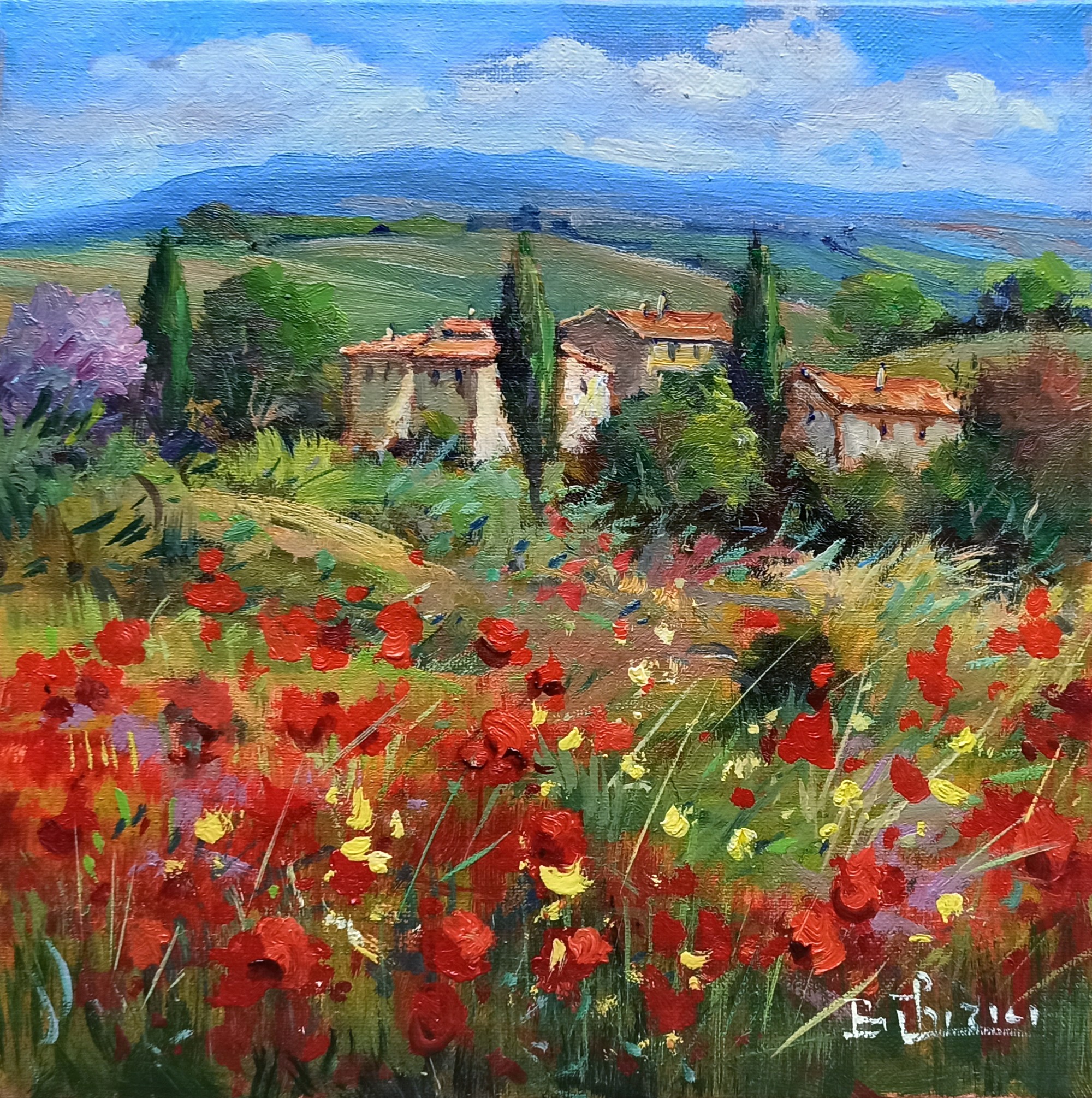Bruno Chirici, Village with wildflowers - Tuscany landscape painting Bruno Chirici, Village with wildflowers - Tuscany landscape painting