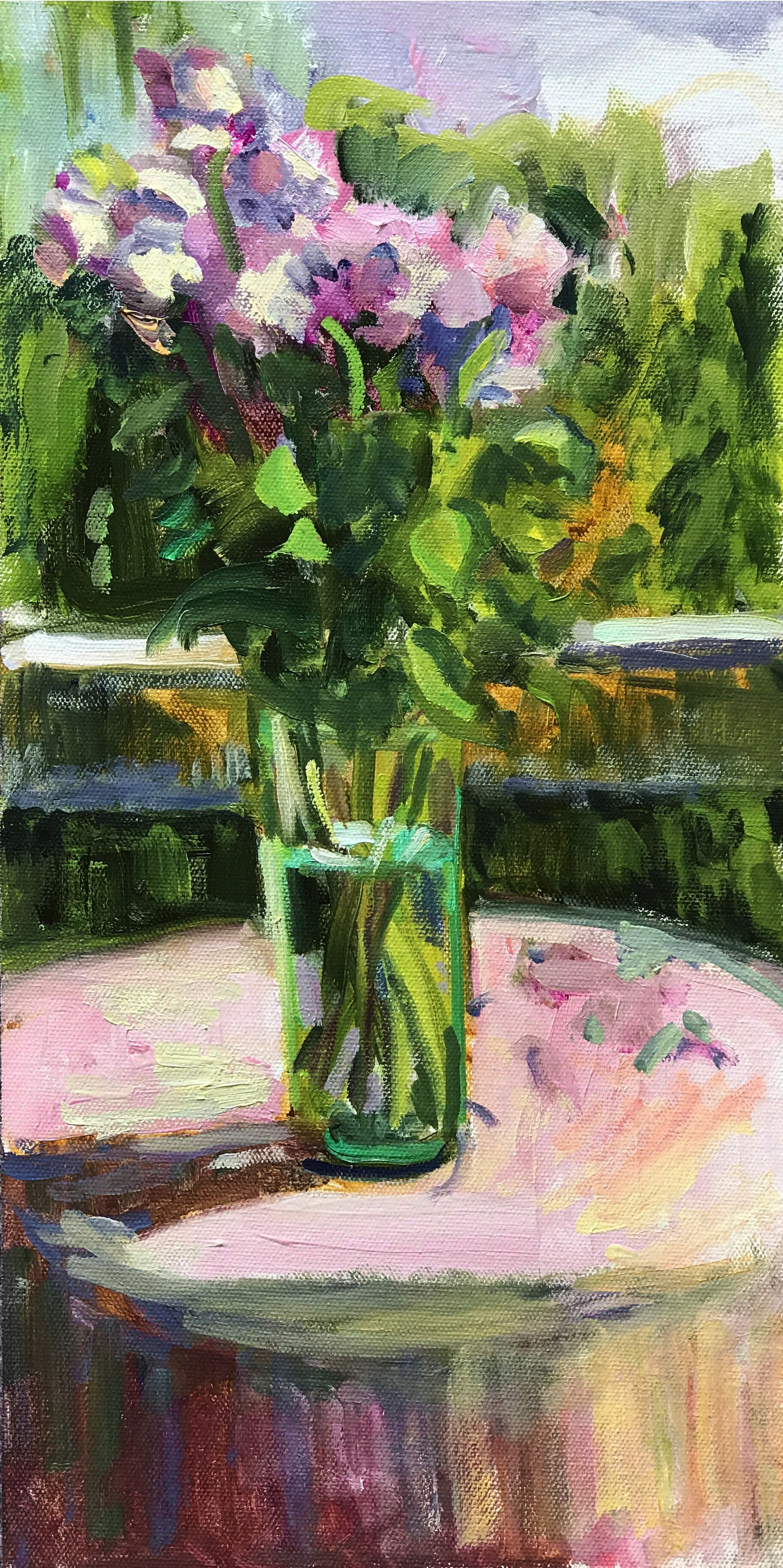 Carol Steinberg, Pink roses on pink cloth on the porch Carol Steinberg, Pink roses on pink cloth on the porch