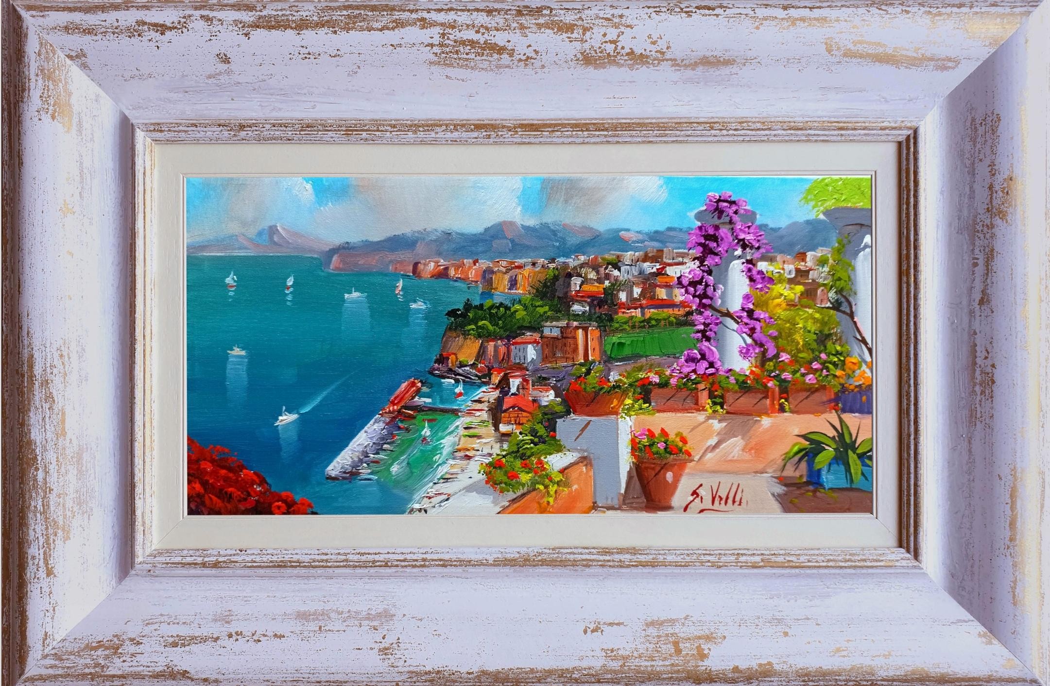 Silvio Valli, Sorrento panorama view - Southern Italy painting + handmade frame gold leaf white background Silvio Valli, Sorrento panorama view - Southern Italy painting + handmade frame gold leaf white background