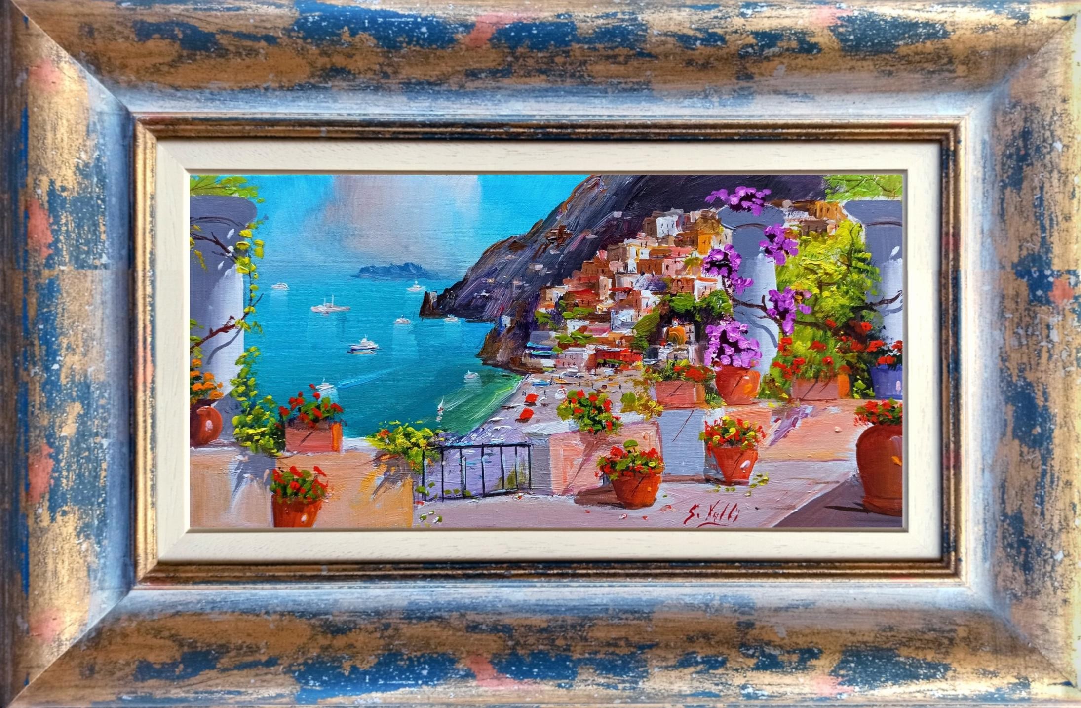 Silvio Valli, Positano terrace with flowers - Southern Italy painting + handmade frame gold leaf blue background Silvio Valli, Positano terrace with flowers - Southern Italy painting + handmade frame gold leaf blue background