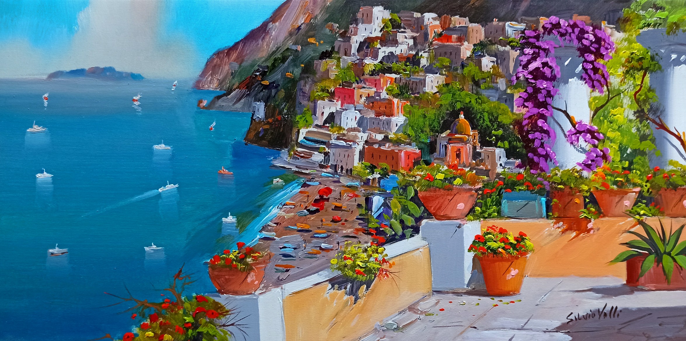 Silvio Valli, Positano flowering seaside - Southern Italy painting Silvio Valli, Positano flowering seaside - Southern Italy painting