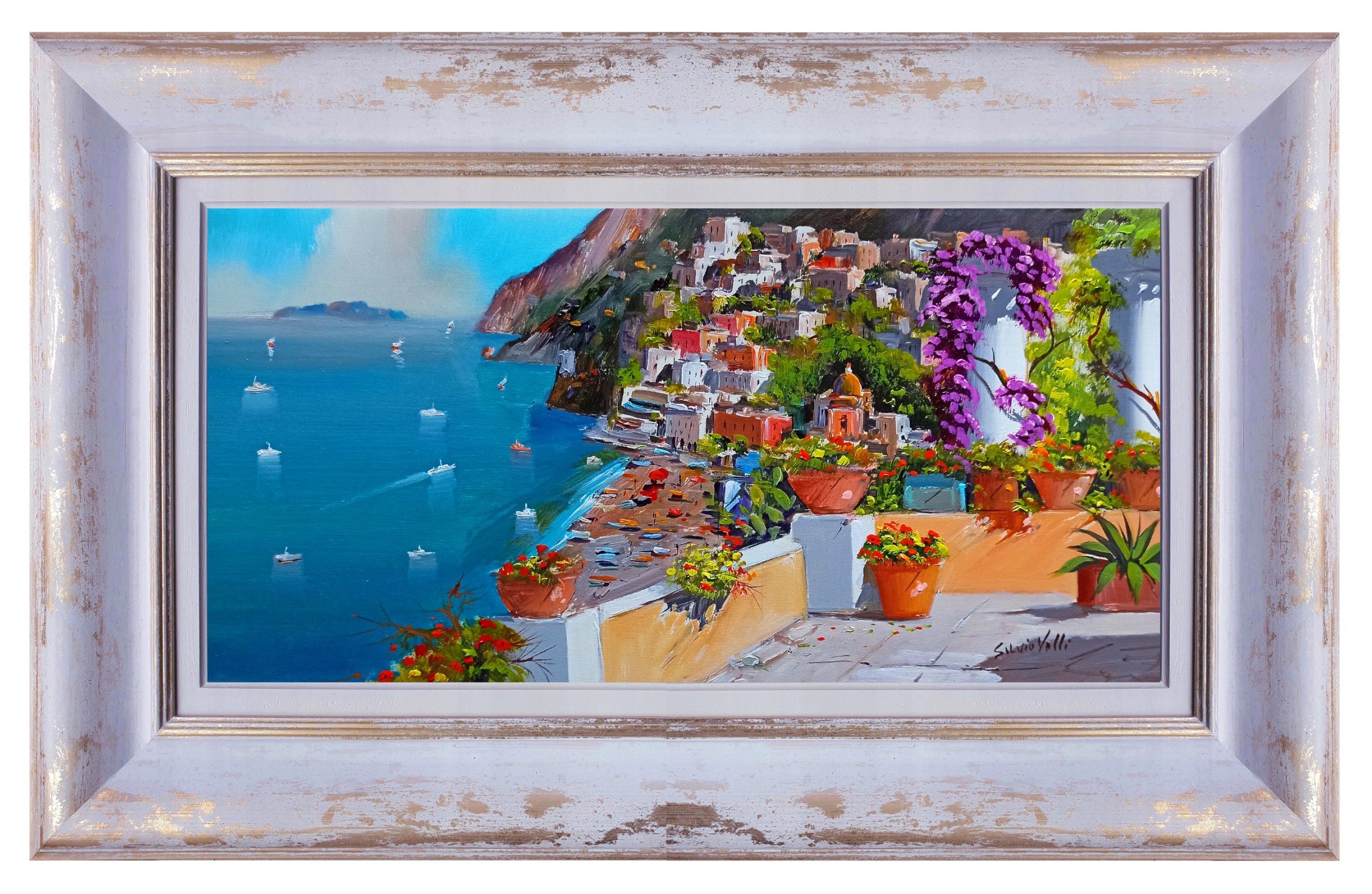 Silvio Valli, Positano flowering seaside - Italy painting + frame Silvio Valli, Positano flowering seaside - Italy painting + frame