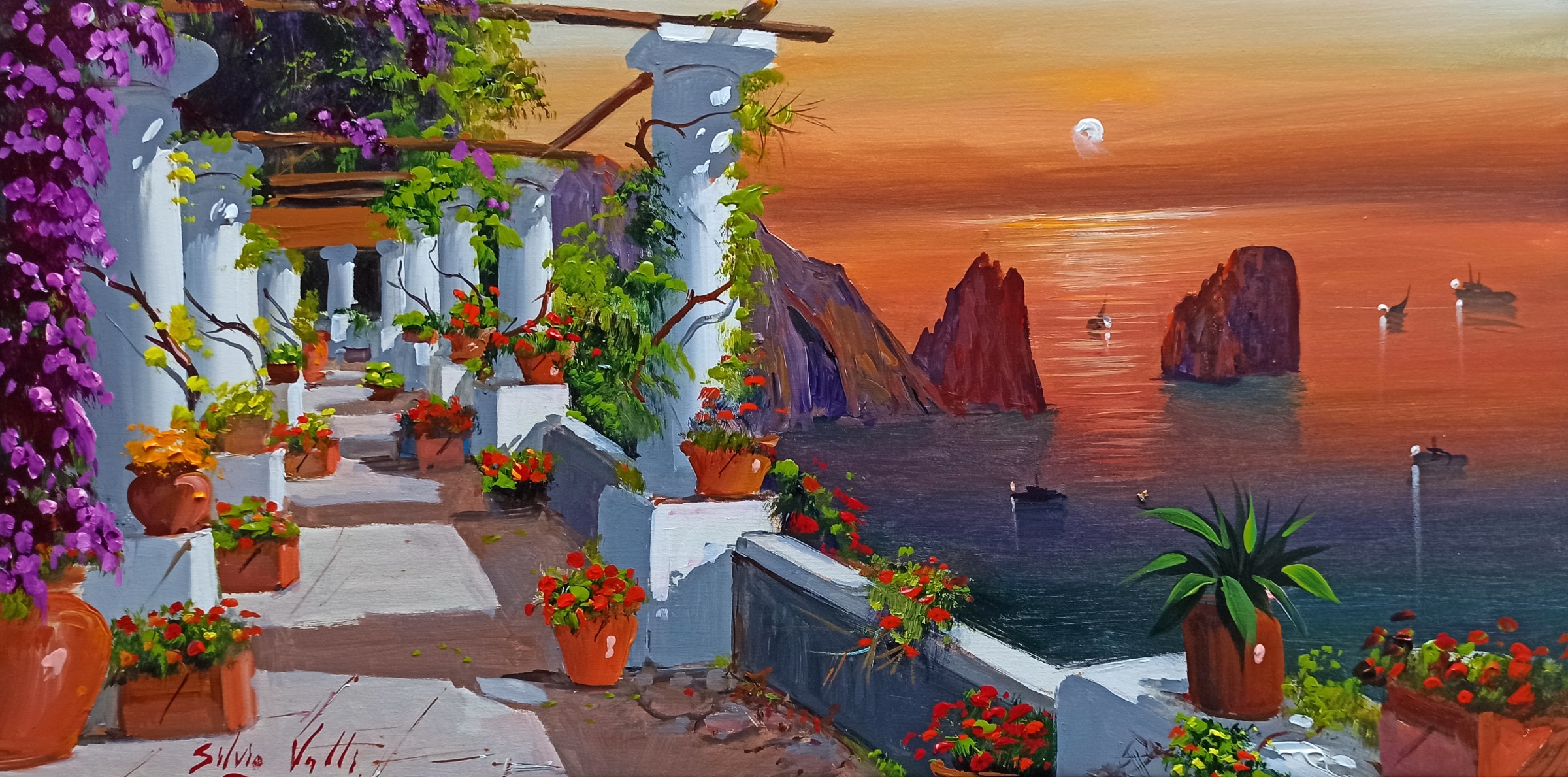 Silvio Valli, Capri romantic sunset - Italy painting & frame Silvio Valli, Capri romantic sunset - Italy painting & frame