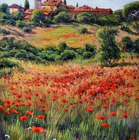 Peinture, Village on the hill - Tuscany landscape painting, Roberto Gai