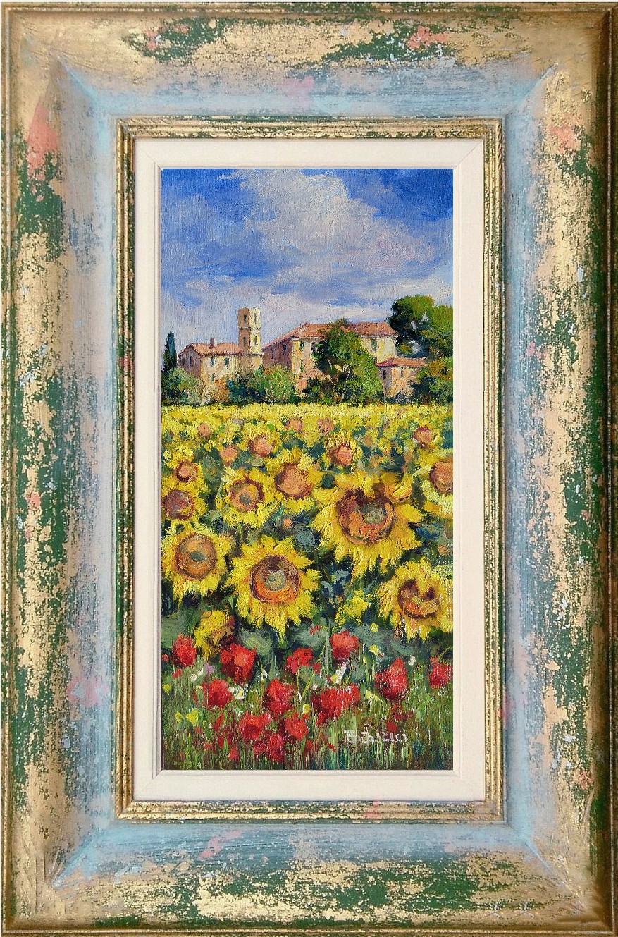 Bruno Chirici, Sunflowers & poppies - Tuscany painting & handmade frame Bruno Chirici, Sunflowers & poppies - Tuscany painting & handmade frame
