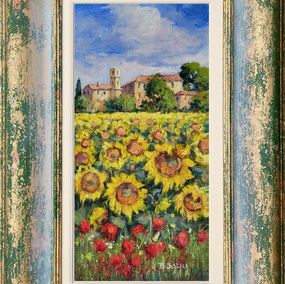 Gemälde, Sunflowers & poppies - Tuscany painting & handmade frame, Bruno Chirici