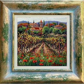 Pintura, Vineyard blooming in summer - Tuscany painting landscape + frame, Roberto Gai