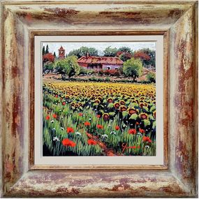 Painting, Village among the sunflowers - Tuscany painting landscape + frame, Roberto Gai