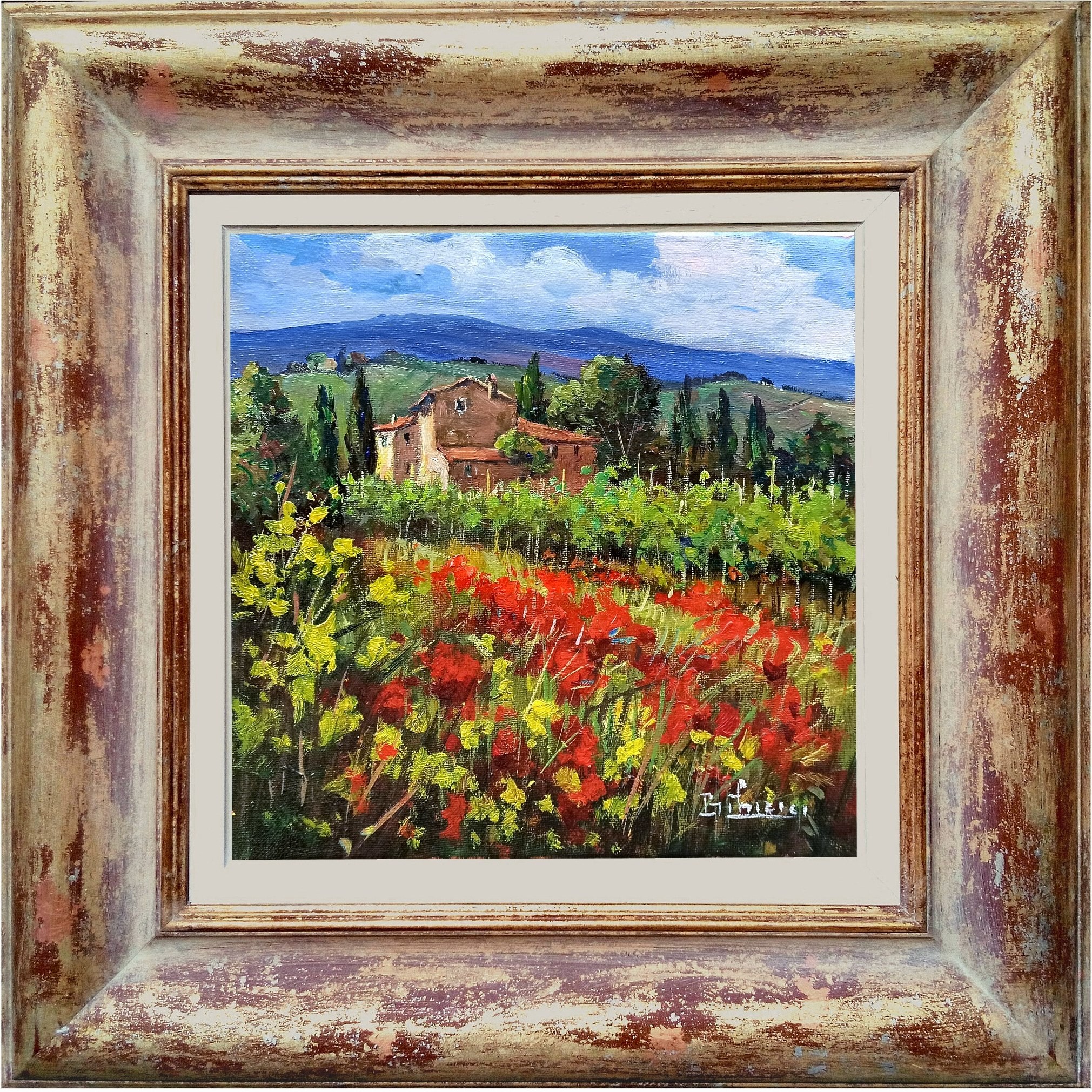 Bruno Chirici, Country house in flowering landscape - Tuscany painting + frame Bruno Chirici, Country house in flowering landscape - Tuscany painting + frame