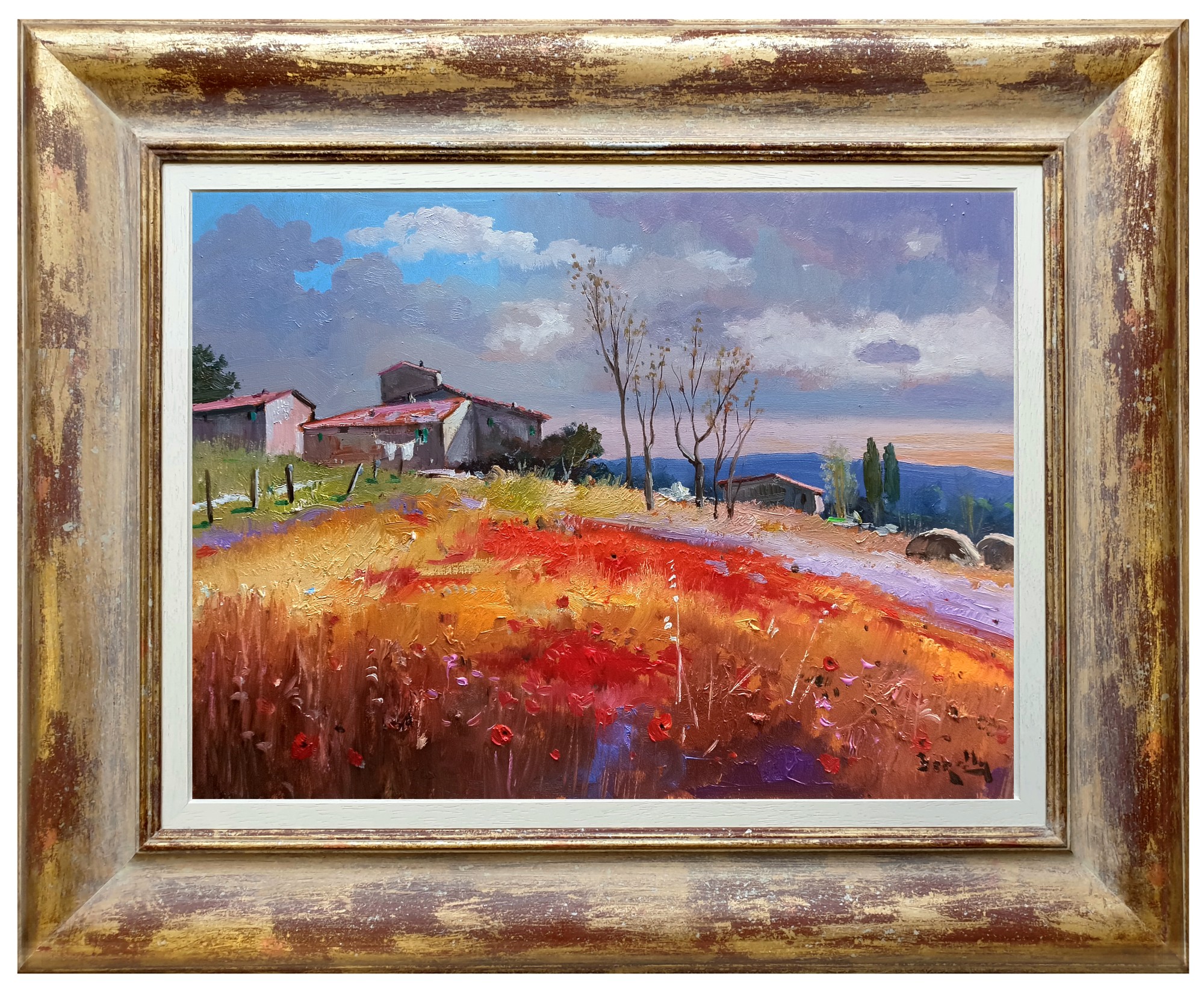 Andrea Borella, Last lights - Tuscany landscape painting & frame Andrea Borella, Last lights - Tuscany landscape painting & frame