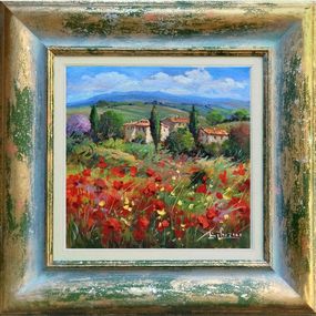 Peinture, Village with wildflowers - Tuscany landscape painting + frame, Bruno Chirici