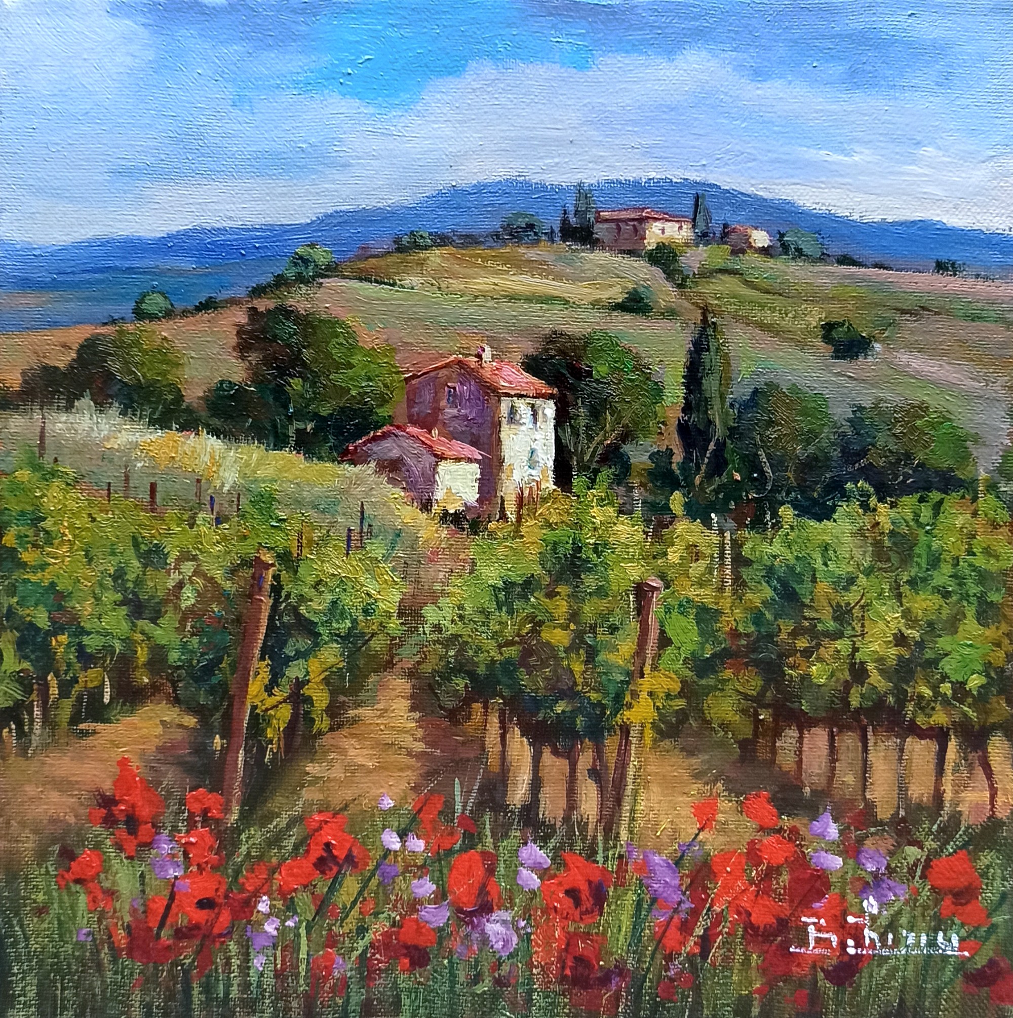 Bruno Chirici, Vineyard under the hill - Tuscany landscape painting + frame Bruno Chirici, Vineyard under the hill - Tuscany landscape painting + frame