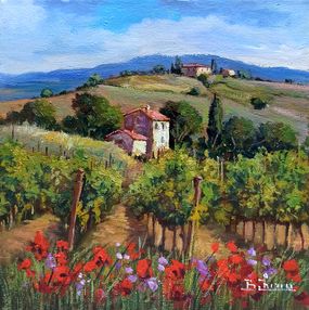Peinture, Vineyard under the hill - Tuscany landscape painting + frame, Bruno Chirici