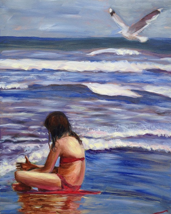 Elena Sokolova, Girl and a seagull, Painting on canvas