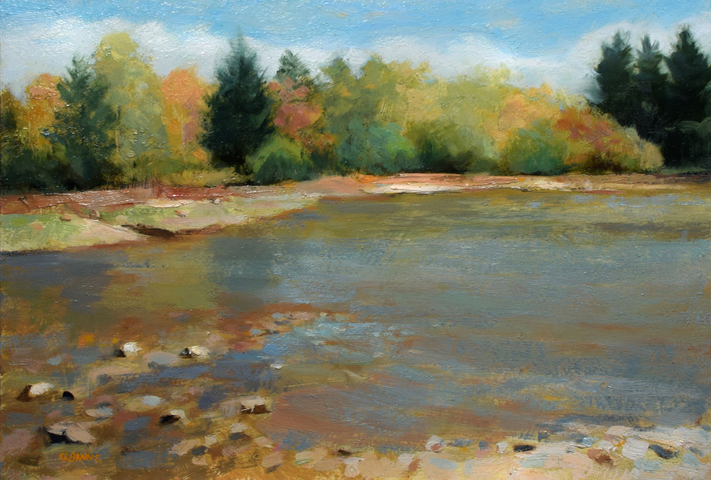 Gav Banns, Shallow forest pond impressionist painting on wood Gav Banns, Shallow forest pond impressionist painting on wood
