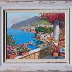 Gemälde, Terrace with flowers - Sorrento painting landscape + handmade frame gold leaf white background, Gianni Di Guida