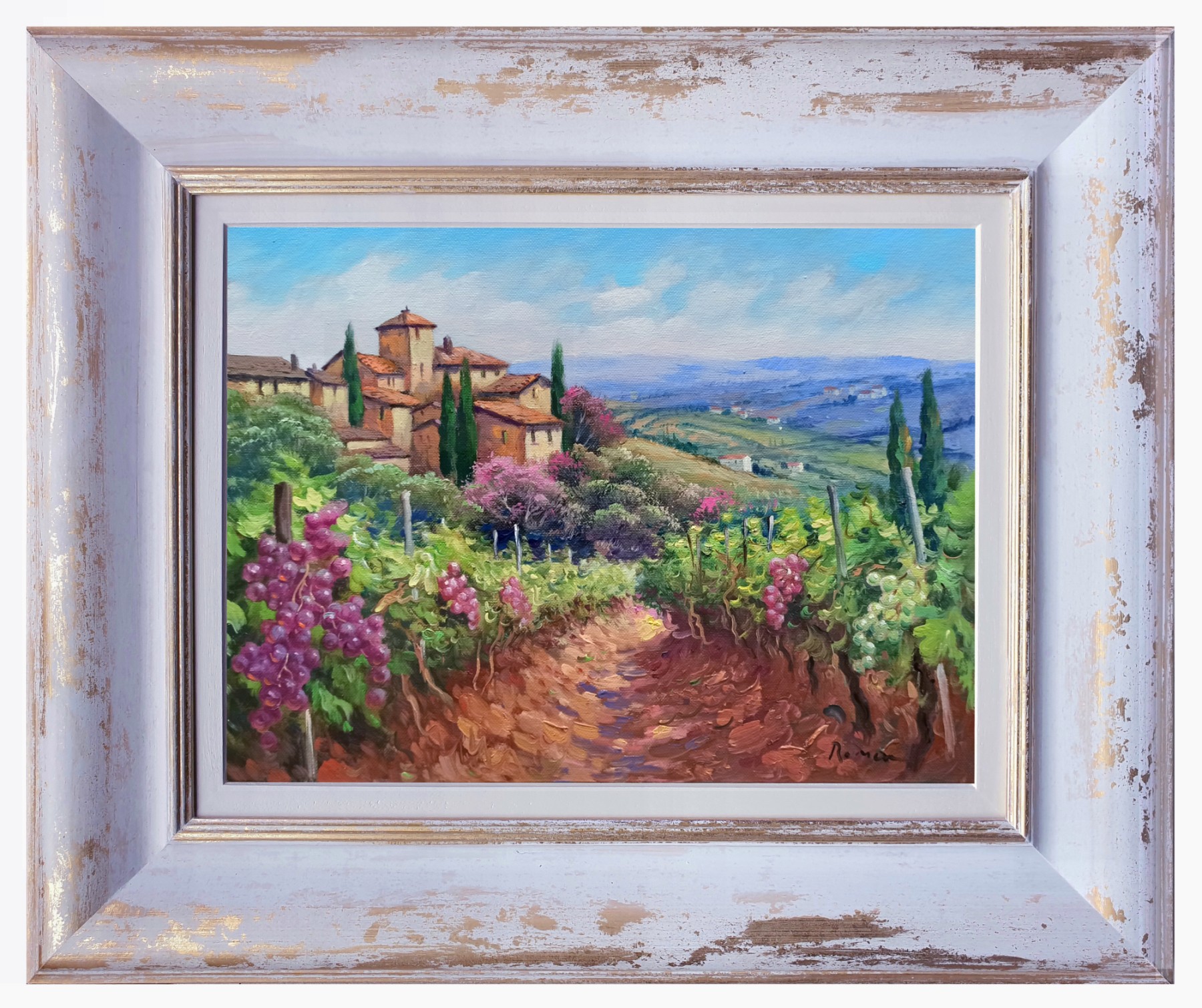 Domenico Ronca, Vineyard foreground - Tuscany landscape painting & frame Domenico Ronca, Vineyard foreground - Tuscany landscape painting & frame