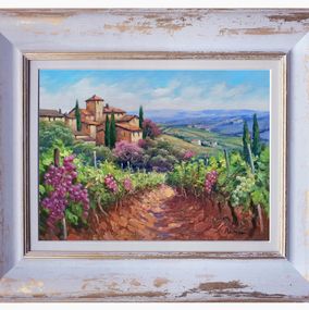 Gemälde, Vineyard foreground - Tuscany landscape painting & frame, Domenico Ronca