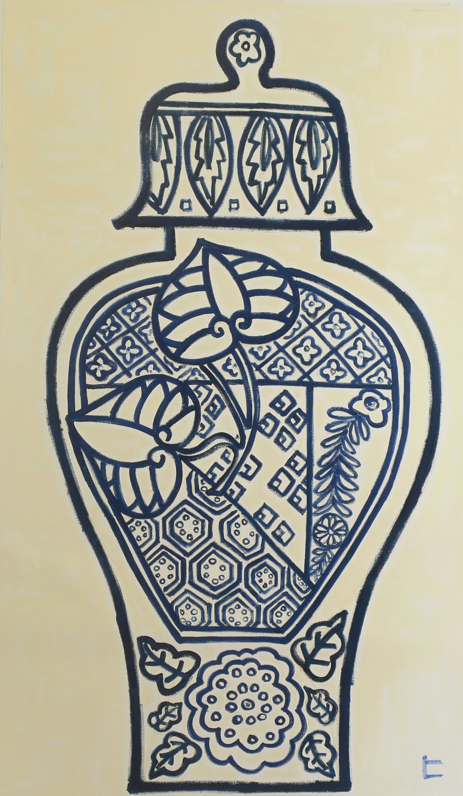 Hikaru O, Large blue jar with hollyhock, wisteria and Japanese traditional patterns #1164 Hikaru O, Large blue jar with hollyhock, wisteria and Japanese traditional patterns #1164