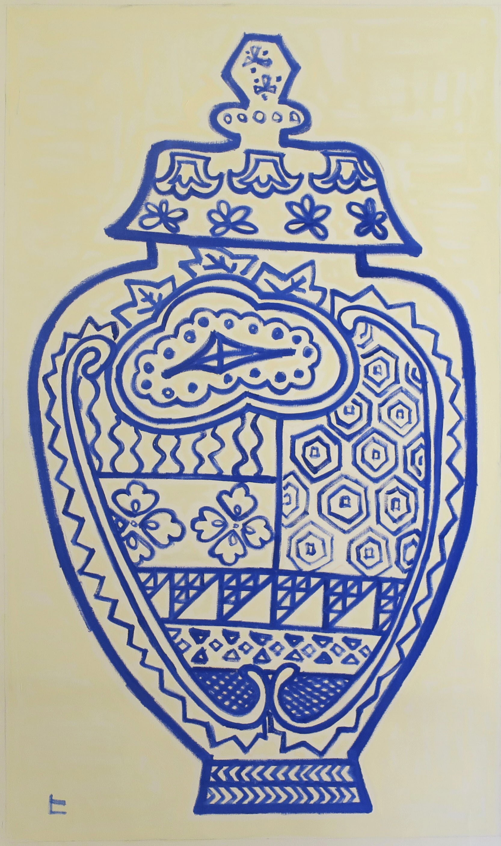 Hikaru O, Large blue jar with Japanese traditional patterns #1162 Hikaru O, Large blue jar with Japanese traditional patterns #1162