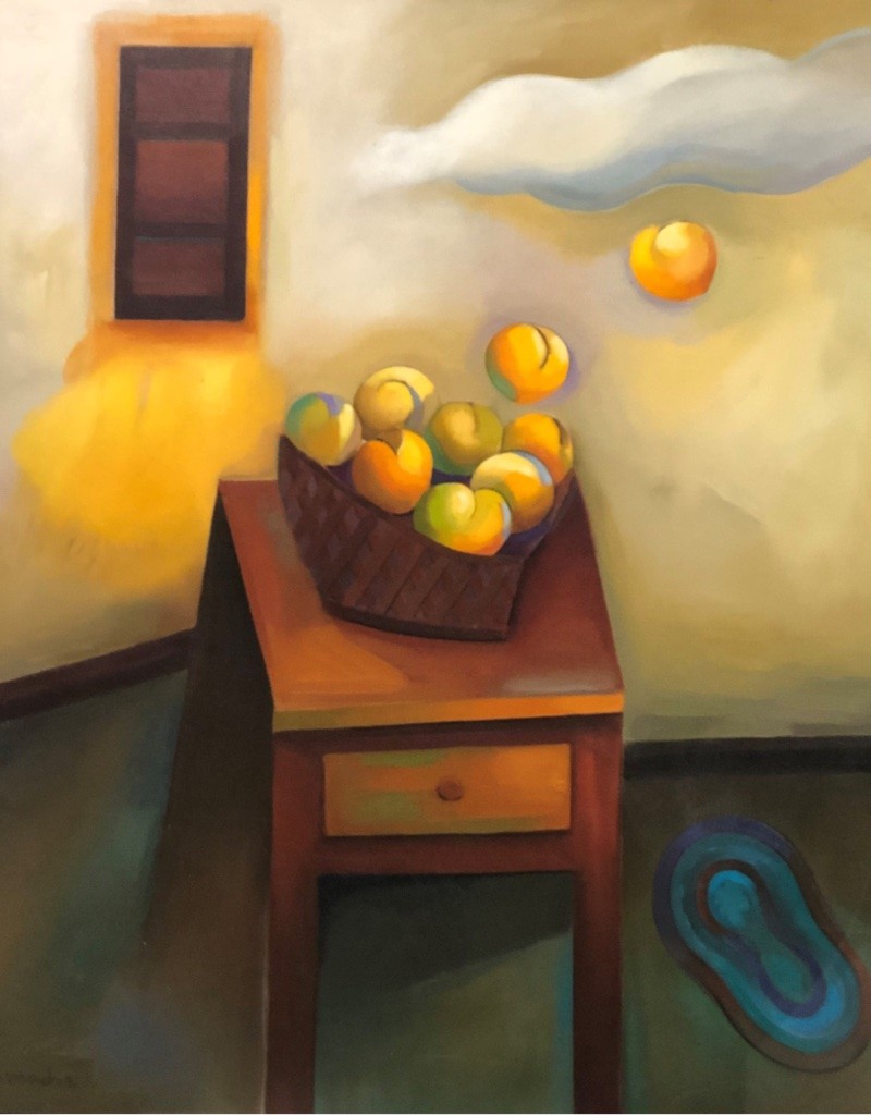 Efrain Vidal, Light fruit and blue carpet, still life Efrain Vidal, Light fruit and blue carpet, still life