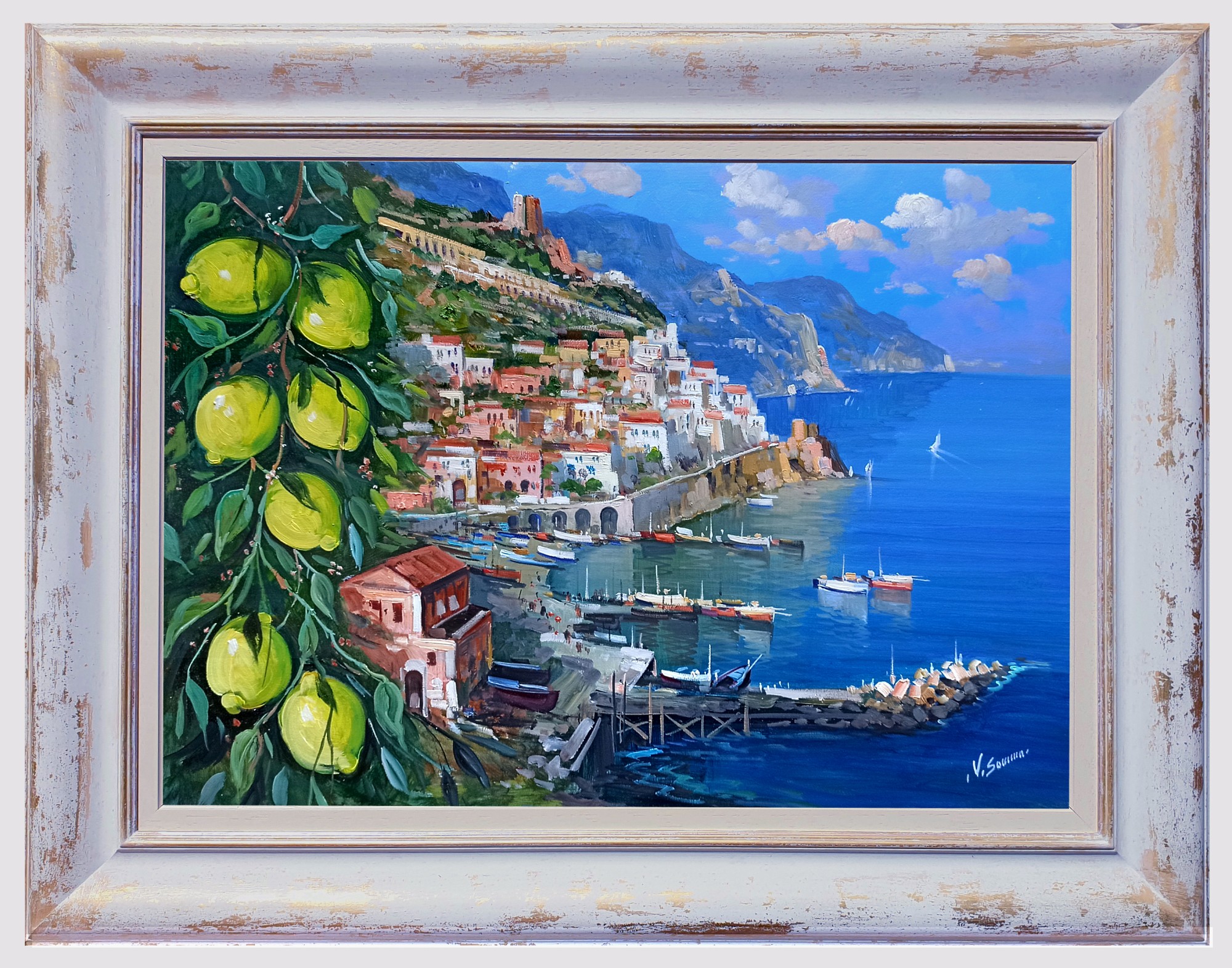 Vincenzo Somma, Lemons on the coast - Amalfi seaside painting & frame Vincenzo Somma, Lemons on the coast - Amalfi seaside painting & frame