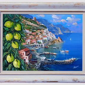 Painting, Lemons on the coast - Amalfi seaside painting & frame, Vincenzo Somma