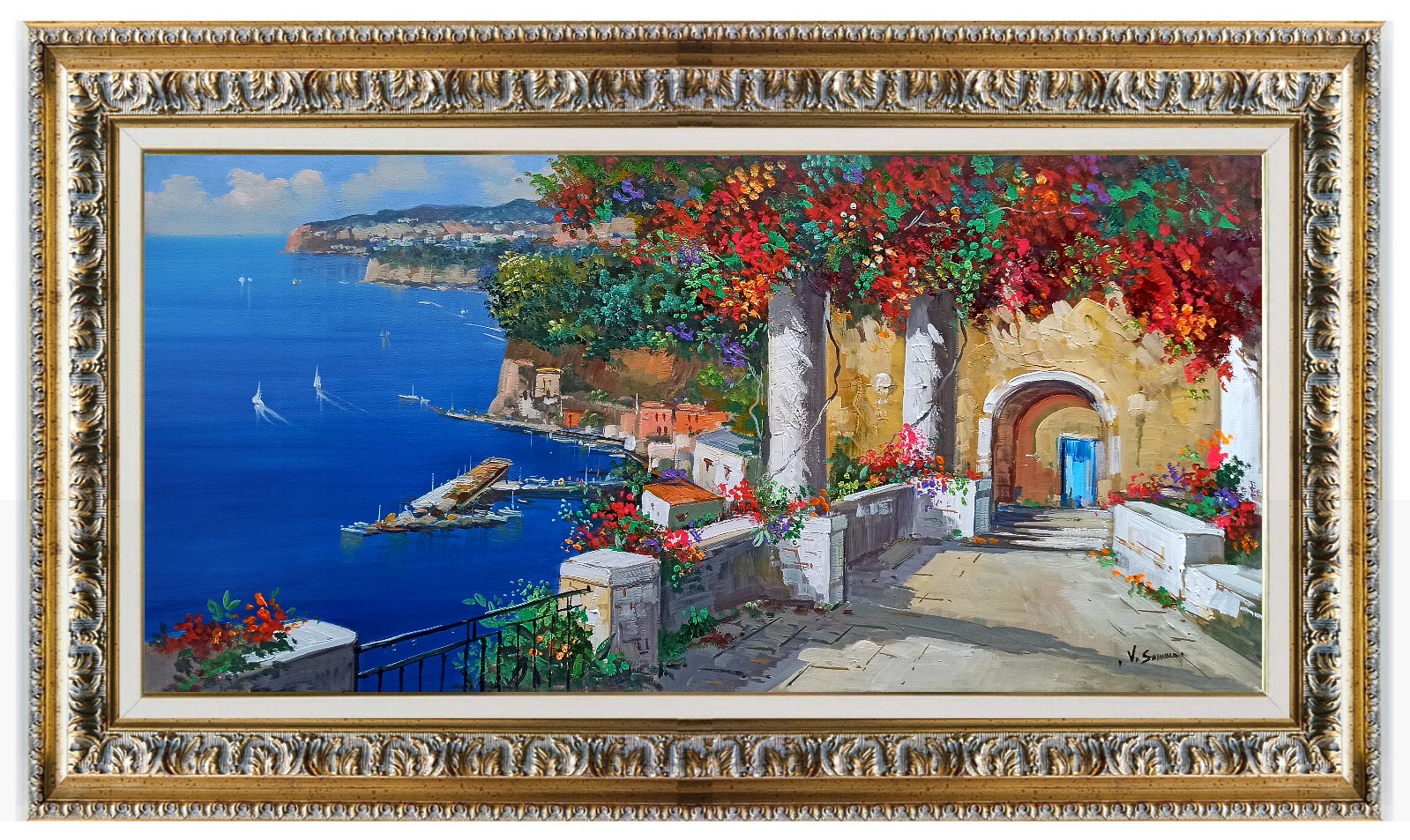Vincenzo Somma, Overlooking the Gulf - panoramic version Sorrento painting & frame Vincenzo Somma, Overlooking the Gulf - panoramic version Sorrento painting & frame