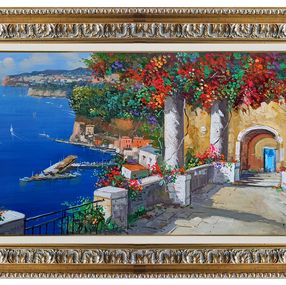 Peinture, Overlooking the Gulf - panoramic version Sorrento painting & frame, Vincenzo Somma