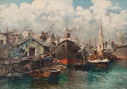 Gemälde, Vue d'un port, Ezelino Briante