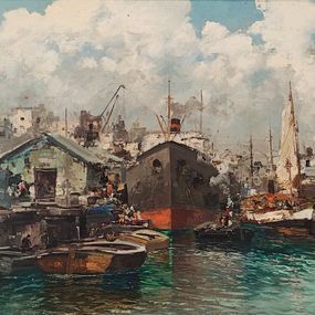 Gemälde, Vue d'un port, Ezelino Briante