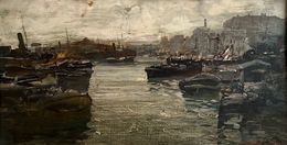 Peinture, Bateaux dans le port de Gênes, Italie, Ezelino Briante