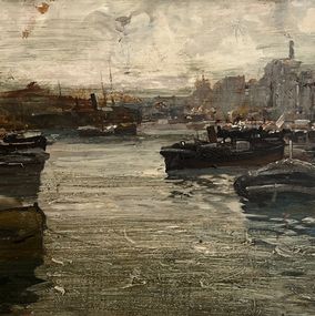 Gemälde, Bateaux dans le port de Gênes, Italie, Ezelino Briante