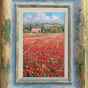 Painting, Red poppies field - Tuscany painting + frame, Domenico Ronca