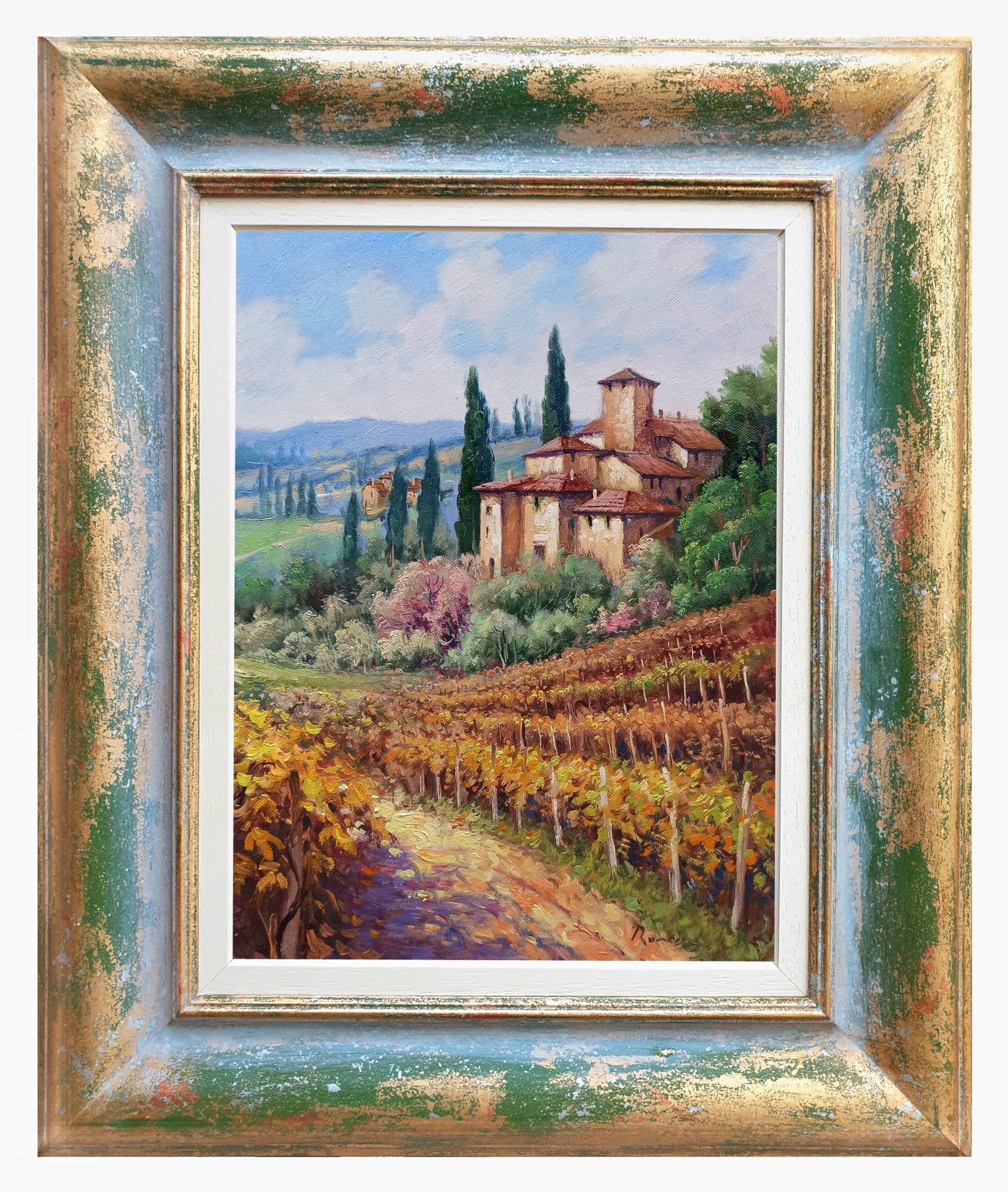 Domenico Ronca, Vertical autumn vineyard - Tuscany landscape painting + frame Domenico Ronca, Vertical autumn vineyard - Tuscany landscape painting + frame