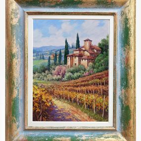 Gemälde, Vertical autumn vineyard - Tuscany landscape painting + frame, Domenico Ronca