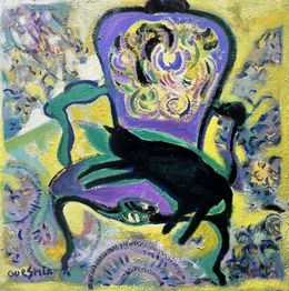Painting, Black cat on my Voltaire armchair, Nourreddine Guesmia