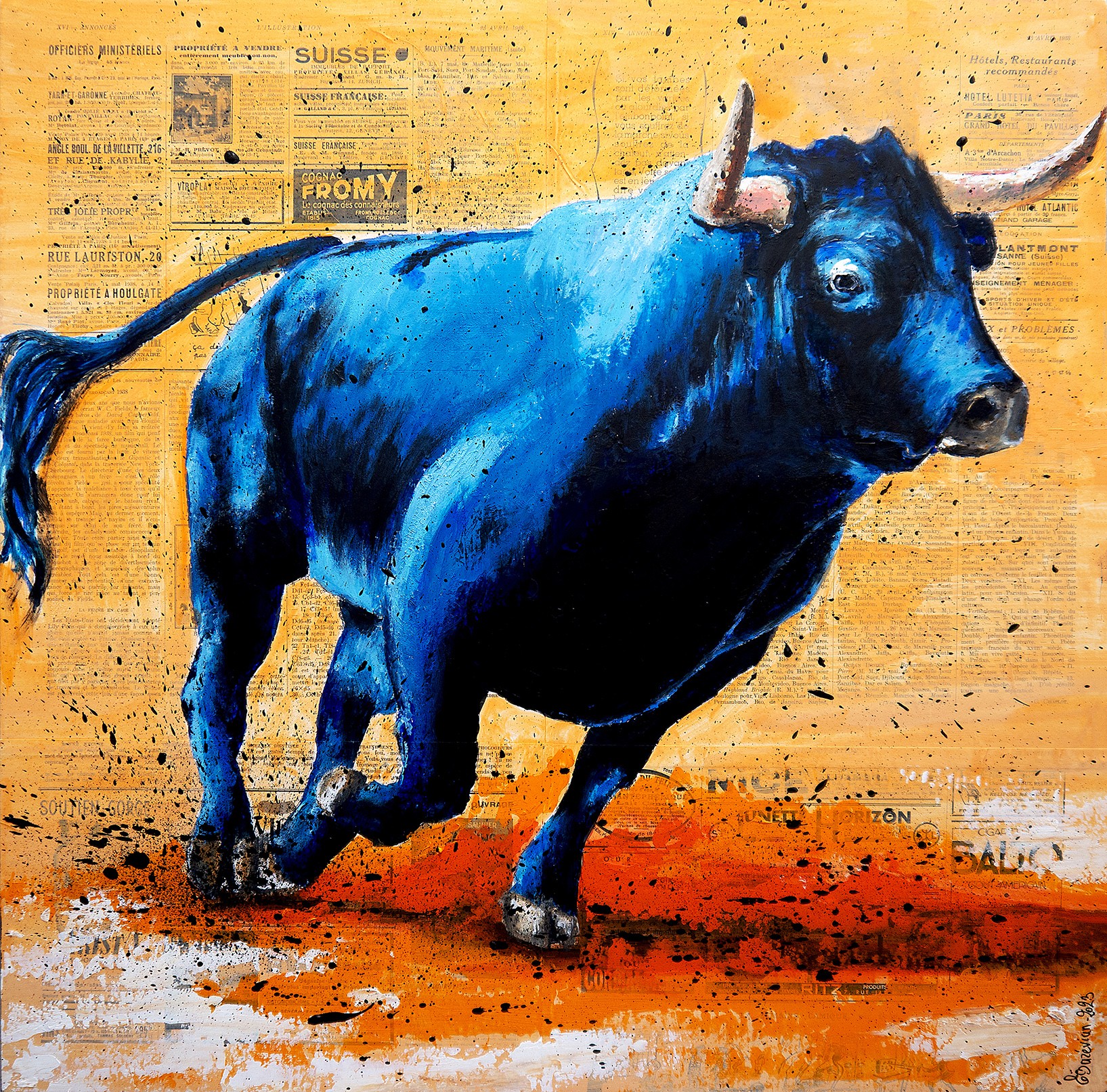 Bazévian Delacapucinière, Raging bull VI 6 1938 (Large) French school oil painting 21th - Basel Bazévian Delacapucinière, Raging bull VI 6 1938 (Large) French school oil painting 21th - Basel